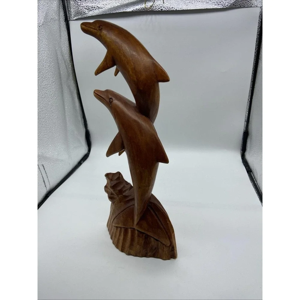 Vintage Hand Carved Wood Dolphin Sculpture Double Leaping Dolphin Nautical Decor